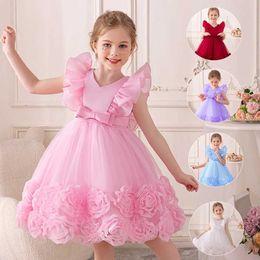 Girl's Dresses ELBCOS 3-8Y V-neck short sleeved shirt fluffy tight butterfly belt clothing holiday princess party dressL2405