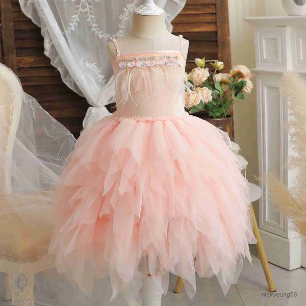 Vestidos de niña Elegante niña Vestido de princesa Niñas Fiesta de cumpleaños rosa Ropa en capas Vestidos de niñas de flores para la ceremonia de boda Ropa casual para niños