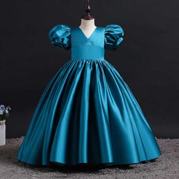 Meisjesjurken Elegante meisjes Puff Mouw Big Hem Solid Color Party Jurk Pirncess Jurken Kids Vneck Cute Bow Wedding Kleding Kind Dres Z0223