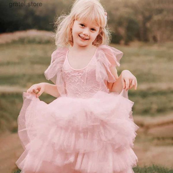 Robes de fille élégante en dentelle florale robe fille rose gâteau d'anniversaire rose TULLE VENDEM