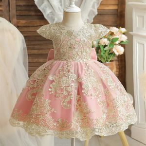 Robes de fille broderie élégants enfants 2024 nouvelles robes princesses pour filles luxe en dentelle dorée vintage robe de fête de fête bébé baptême vestidos