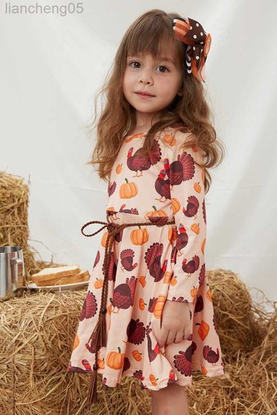 Vestidos de niña Exclusivo Girlymax Otoño Acción de Gracias Bebé Niñas Leche Seda Floral Pavo Estampado Vestido Giro Longitud de la rodilla Ropa para niños Manga larga W0314