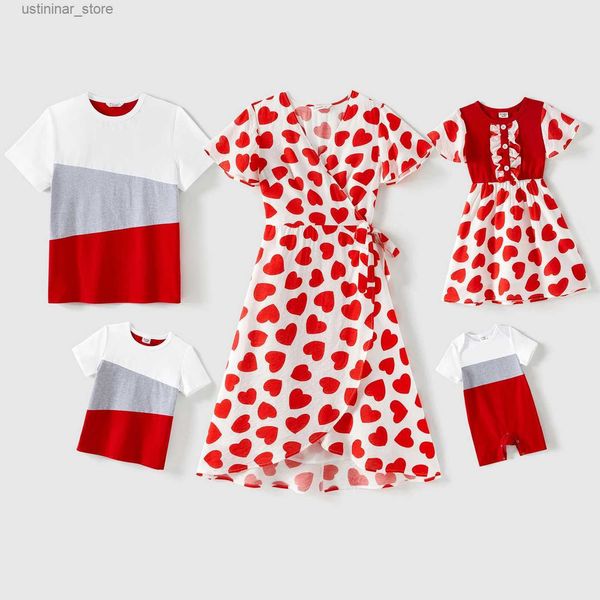 Robes de fille familiale correspondant à 95% de coton à manches courtes t-shirts en couleurs à manches courtes et robes imprimées de coeur allover l47