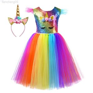 Girl's jurken Fancy Rainbow Dress Girls Flying Sleeve Kinderjurk ruche tule jurk prinses komen verjaardagsfeestje meisje kleding sets w0224