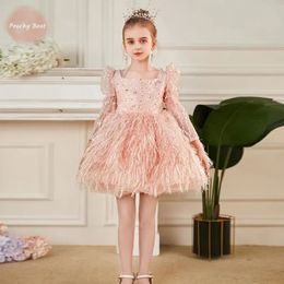 Jurken voor meisjes Mode baby meisje prinses pailletten verenjurk gezwollen mouw baby peuter kind vestido feest verjaardag kleding 12M 14Y 231202