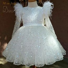 Robes de fille Mode Bébé Fille Princesse Paillettes Tutu Robe Longue Plume Manches Enfant Robe De Mariage Fête D'anniversaire Vêtements De Noël 1 14Y 231211