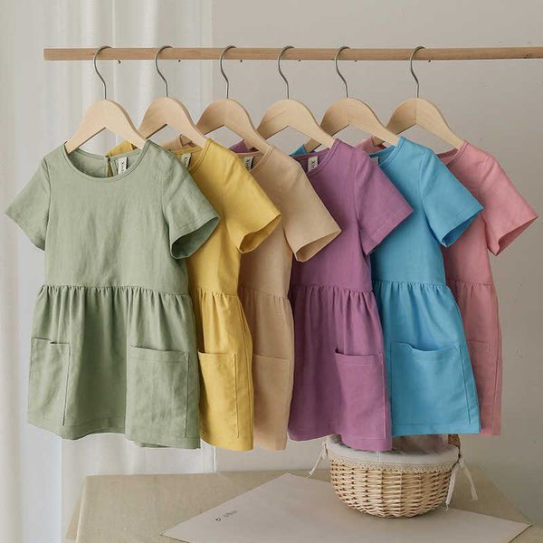 Robes de fille mode coton lin été fille robe jaune décontracté à manches courtes enfants robe de vacances avec poches TZ20