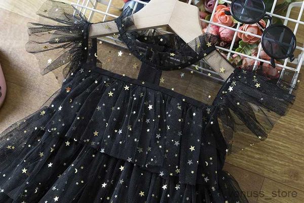 Vestidos de niña Moda Chica Vestido de fiesta de verano Niños Lentejuelas Manga de volantes Cumpleaños Princesa Traje Bebé Negro Tarde Parti Tulle Ropa 3-8T