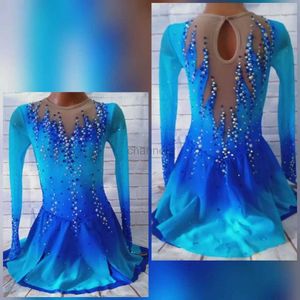 Robes de fille Patinage artistique Filles Robe Bleu Mesh Manches Longues Compétition Performance Formation Vêtements Adultes Enfants 240315