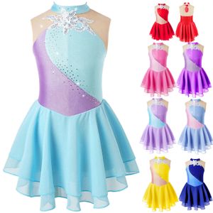 Vestidos de niña Floral Rhinestone Ballet Gimnasia Leotardo Kid Girl Malla Empalme Figura Patinaje sobre hielo Vestido Adolescentes Skater Danza Competencia Traje 230920