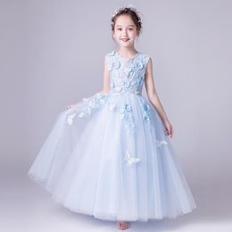 Meisjesjurken bloem formele meisjes jurk meisje bruiloft feest kleding licht blauwe tule kinderen doop prinses communie jurk