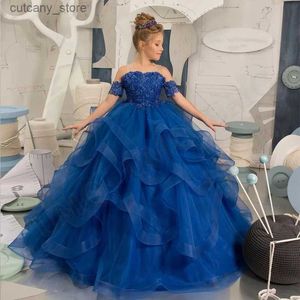 Robes de fille robe de fille fleurie Royal Bleu TUL Puffy Appliques en couches courtes Seve pour le mariage Banquet de fête d'anniversaire Banquet princesse l240402