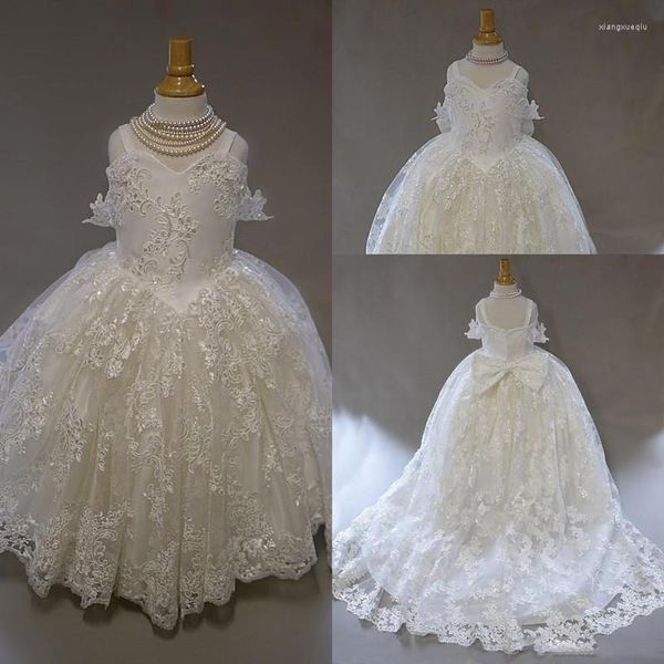 Robes de fille Robe de fille de fleur chérie sans manches Tulle dentelle Applique froncé mariage balayage train fille fête d'anniversaire robe de fille