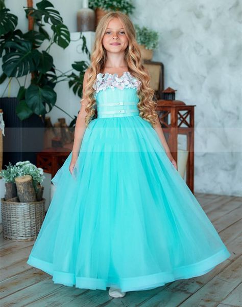 Vestidos de niña Niña de las flores Apliques de encaje Flores en 3D Princesa Vestido formal Primera Comunión Concurso