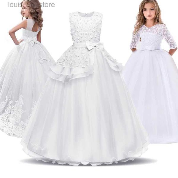 Vestidos de niñas Flores Girls Long Damas de honor para bodas 5-14 años Partido de cumpleaños para niños Pestañas Niños blancos Vestido formal Vestido T240415