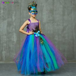 Meisjesjurken Flower Princess Peacock Come For Girls Wedding Birthday Party Tutu Dress Kids Pageant Ball Jurk Feathers Girl Tule Dresses W0314