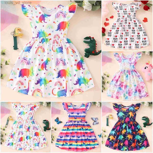 Vestidos de niña Vestido de manga voladora Baby Girl Kids Party Tutu Ruffle Rainbow Dinosaur Dinosaur Algodón Recién nacido para 2-9Y T240415