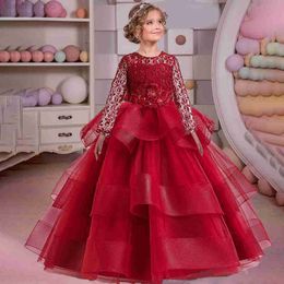 Girl's jurken formele meid bloemenprinsesjurk voor bruiloft Kleed elegante rode kerstavond pluizige prom jurk tiener pageant boog feestjurk w0224