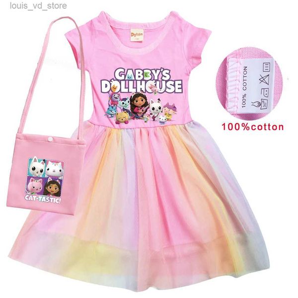 Robes de fille gabbys poupée maison fille chat cosplay cosplay costumes filles robes sac kawaii enfants robe princesse costume de fête d'anniversaire avec sac t240415