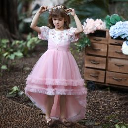 Girl's jurken Girl's jurk prinses mesh bloem tutu rok rok voor kinderen met korte mouwen trailing performance kledinggirl's