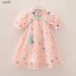 Robes de fille robes de fille 2023 Été 3-12 ans chinois style han hanfu robe chère à manches courtes en dentelle Cheongsam pour enfants bébé Q455 C240413