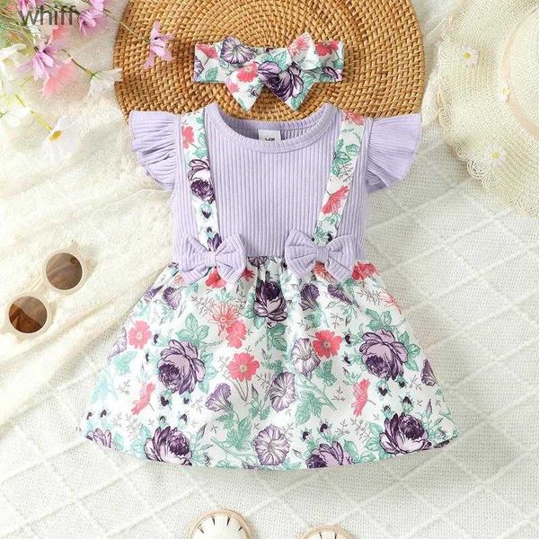 Vestidos de niña vestidos de niña ropa de vestido de bebé algodón morado de manga corta estilo coreano cumpleaños coreano para niños c240413