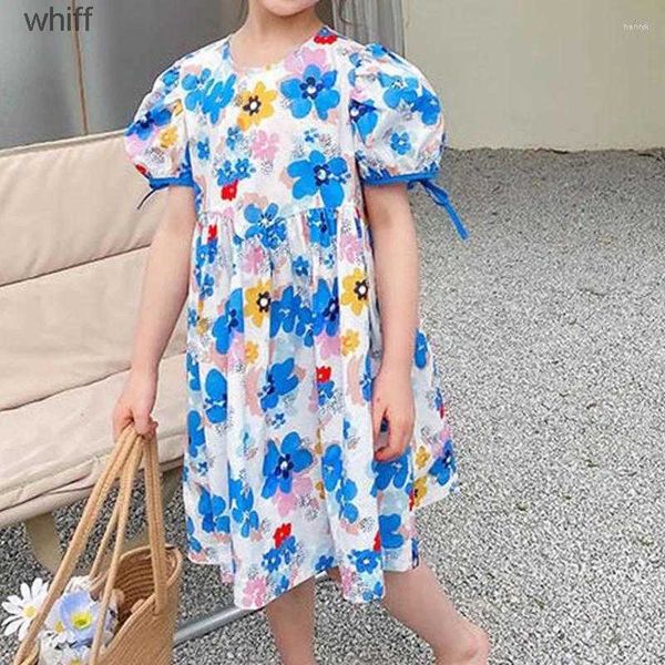 Robes de fille robes de fille vêtements pour enfants ciel doux ciel bleu robe princesse estivale lacée à manches courtes rond imprime florale fille pour enfants c240413