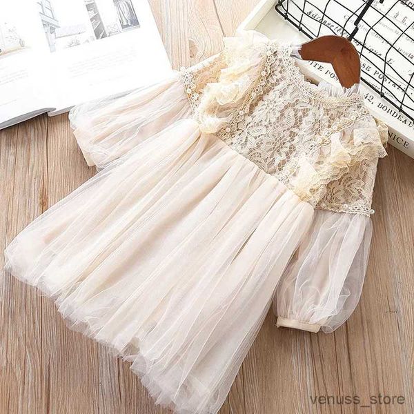 Vestidos de niña Vestidos de niña Manga de linterna Ropa para niños Fiesta Princesa Primavera Niños Vestido de encaje para niños con perlas Púrpura y blanco 3-7T