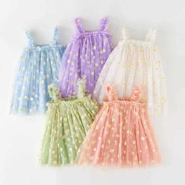Girl's jurken meisje Fairy Princess Dress Summer Girl Sheer jurk chrysanthemum lieverd babyband prinses jurk 1-6y kerstl240508