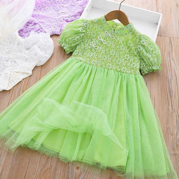 Robes de fille fille amour dos nu dentelle maille robe de princesse été 2023 nouvelle perle arc enroulé Cheongsam jupe enfants robe AA230531