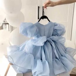 Girl's Dresses Girl Princess Skills 2024 Nieuwe Summer Koreaanse editie Fashion High End Girl Blue Dress Sweet Rok Childrens Clothing D240515