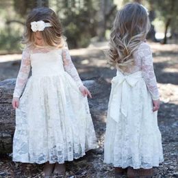 Robes de fille Fille douce fleur pour l'âge 2-12 bébé enfants princesse bleu foncé fête de mariage pleine longueur robe de bal gros noeud robe en dentelle à manches longues