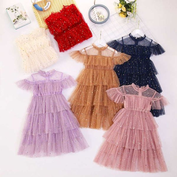 Robes de fille Fille Tulle Fée Robe Mouche Manches Étoile Lune Paillettes Maille Princesse Robe Enfants Puffy Gâteau Robe Élégante Fête D'anniversaire Robes Z0223