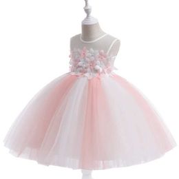 Girl's jurken Girls 3D sticker boog gaas prinses jurk roze zoete en schattige verjaardagsfeestje show pluizige jurk diploma -uitreiking jurk