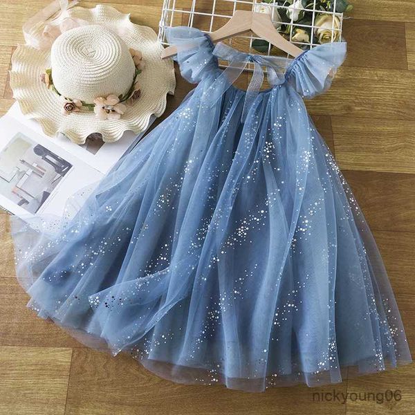 Robes de fille Filles Bleu Paillettes Robe d'été Enfants Soirée Soirée Mesh Princesse Costume Enfant Fille Vacances Vêtements Décontractés pour 3 4 5 6 7 8 ans