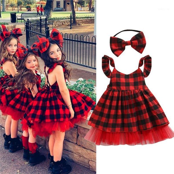 Vestidos de niña Conjunto de ropa informal de dos piezas para niñas Vestido sin mangas con patrón estampado a cuadros rojos y tocado Uso diario / Navidad