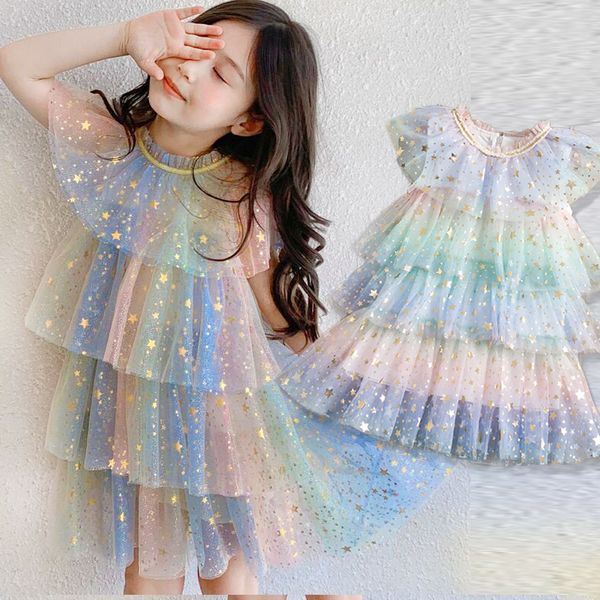 Robes de fille Robe de fille Vêtements pour enfants Mode Robe de gâteau de couleur arc-en-ciel Jupe tutu Robe de licorne pentagramme pailletée 230320