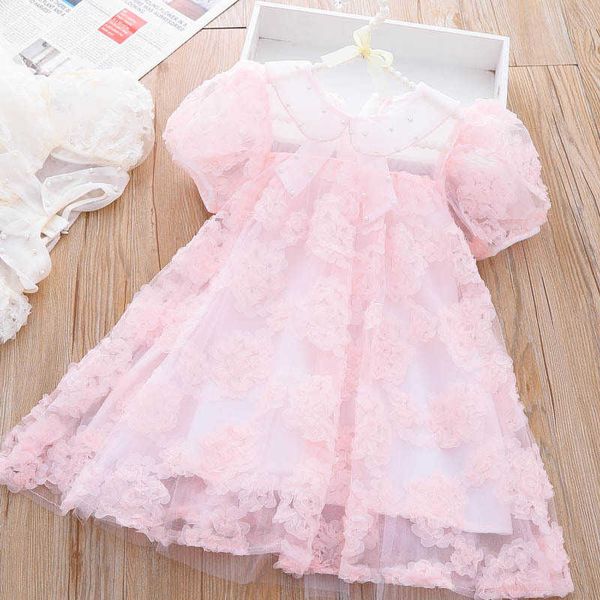 Robes de fille filles robe robe d'été 2023 New Western perle revers princesse robe enfants dentelle fleur gaze jupe enfants vêtements AA230531