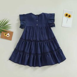 Robes d'été pour filles, vêtements d'été pour filles, manches volantes, col ras du cou plissé, robes en Denim décontractées pour enfants, vêtements pour enfants