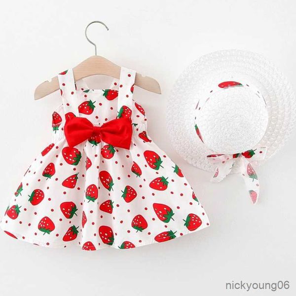 Mädchen Kleider Mädchen Kleid Sommer Neue Latzhose Kleine Kinder Baby Mädchen Nette Erdbeere Ärmellose Hut R230612