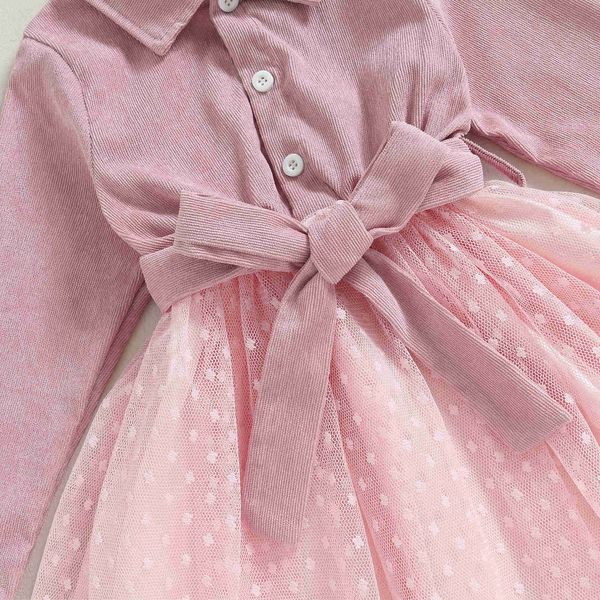 Robes de Fille Robe de Fille Wedge Block Pattern Mesh Patchwork Col Rabattu Robe à Manches Longues Automne Robe de Princesse avec Ceinture