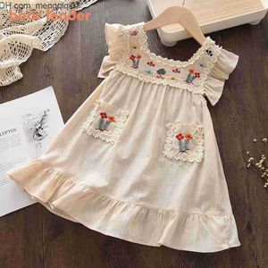 Girl's Dresses Girls Dresses Bear Leader Flower Embroidered Dress Summer Retro Flying Sleeve Princess Children Casual Clothes Fashion 26 Years 230518 Z230701