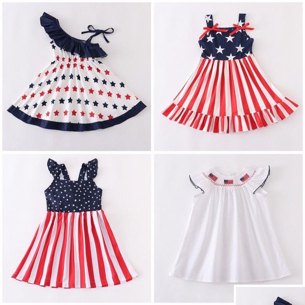 Vestidos de niña Vestidos para niñas Exclusivo Girlymax Día de la Independencia JY 4º Bebé Boutique Ropa Bordada Smocked Leche Seda Estrella Tejida Dhtqm