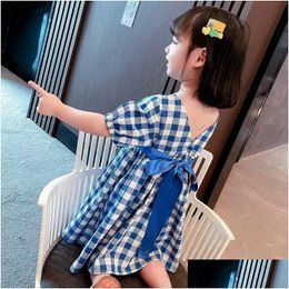 Robes de fille Robes de filles Summer Infant Dress 17Y Style coréen Born Baby Blue Princess Child Party Plaid Kid pour vêtements Drop Deliv Dhebj