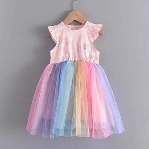 Girl's jurken meisjes modejurk regenboog kleurrijke kleding nieuwe zomer feestjurk kinderen schattige set baby tanktop kinderkleding d240520
