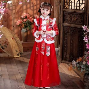 Robes de fille Girls 'Hanfu Nouvel An Vêtements Children Child's Child Cheongsam Chinois Tang Suit Kid Winter Plus Velvet Jobe de fête de broderie mignonne