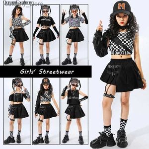 Girl's jurken Girls Hip Hop Plaid Crop Top Riem rokken Child Streetwear Cool Goth Desets Street Dance T-Shirt Kids Summer Jazz Costumes L240402