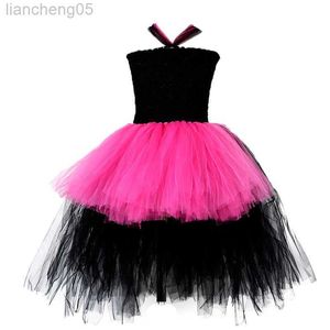 Girl's jurken Girls Hot Pink Dress Rock Star Come Children's Fantasy Tutu Dress Cosplay Performance Come Carnival Ball Gown For Party W0314