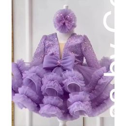 Robes de fille Filles Luxe Fleur Fille Robe Scoop Cou Puff Party Pour Mariage Manches Courtes Tle Enfants Cérémonie De Noël Drop Del Dhj9V