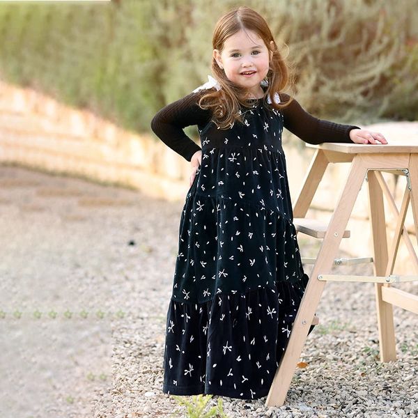 Vestidos de niña Vestido maxi para niñas Vestido de bata de invierno de terciopelo negro 4 capas cerradas diagonales Ropa para niñas Tirantes de cinta de encaje Tamaño 3-20 años 231204